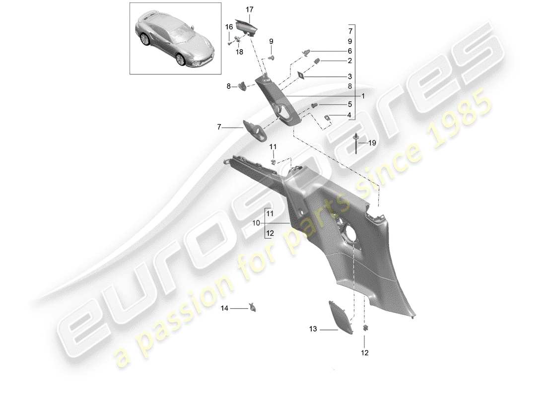 porsche 991 turbo (2018) diagrama de piezas del panel de acabado cuarto