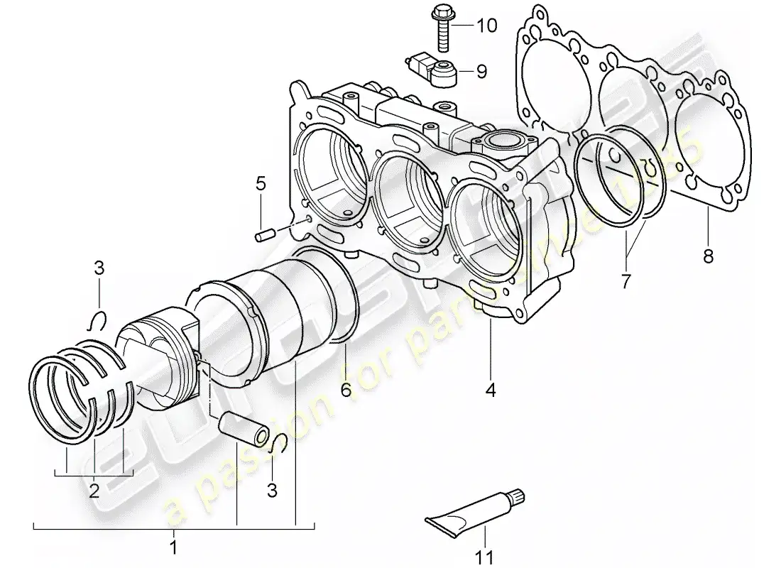 porsche 2010 (997-2 gt3) cilindro con pistones diagrama de piezas