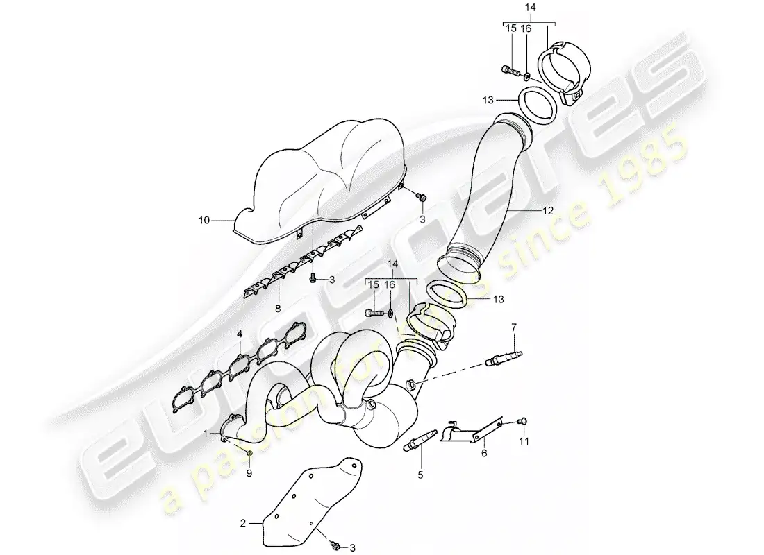 porsche 2005 (carrera gt) sistema de escape - colector de escape - catalizador - cilindros 6 - 10 diagrama de piezas