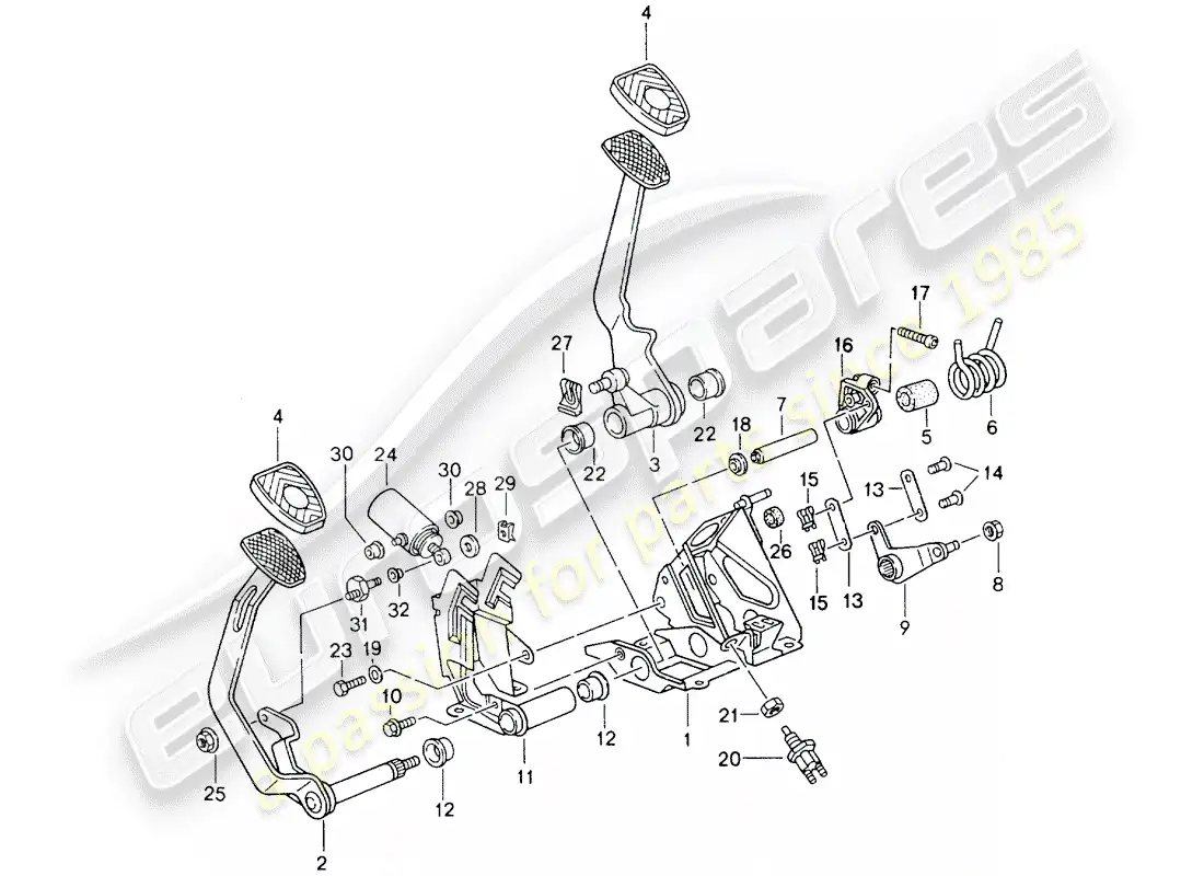 porsche 1990 (964) pedales - diagrama de piezas de caja de cambios manual