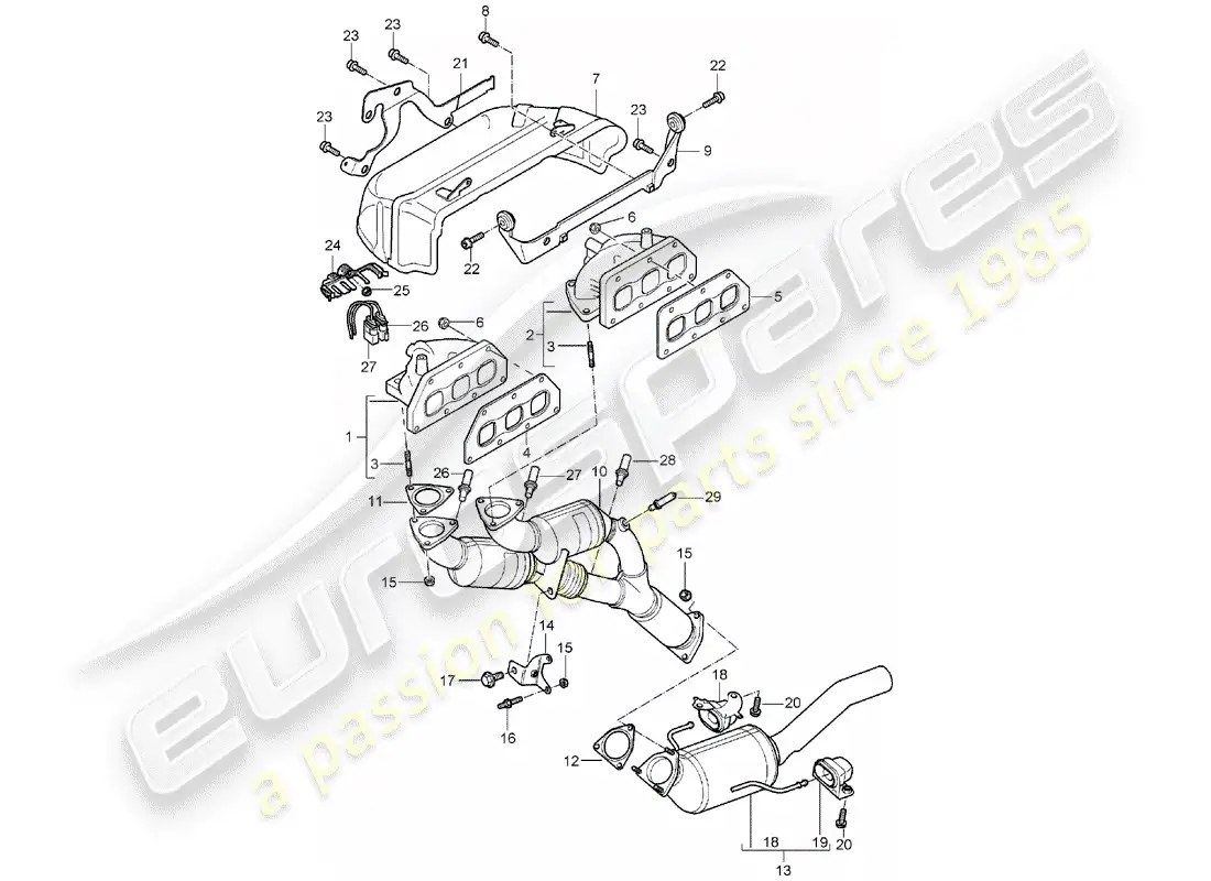 porsche 2005 (cayenne e1 9pa) sistema de escape diagrama de piezas