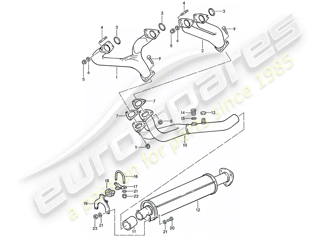 porsche 1990 (944) sistema de escape - silenciador de escape, delantero diagrama de piezas