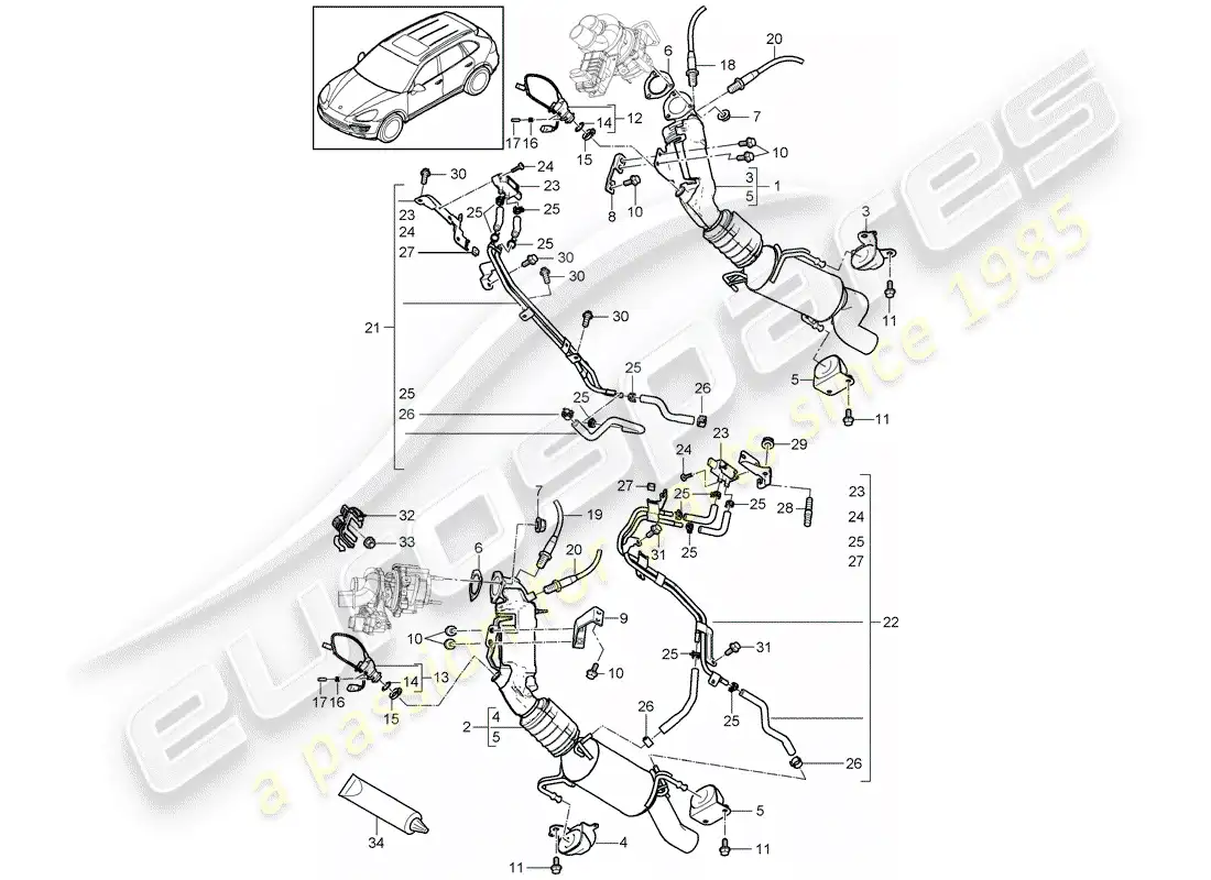 porsche 2015 (cayenne e2 92a) sistema de escape diagrama de piezas