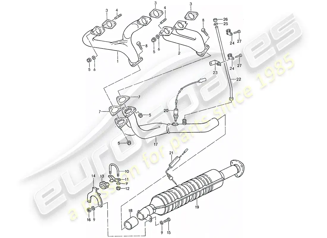 porsche 1990 (944) sistema de escape - catalizador diagrama de piezas