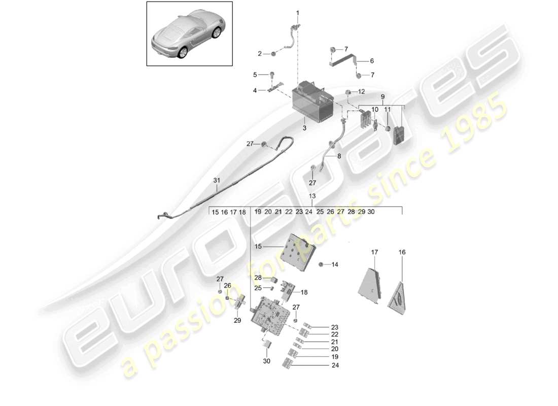 porsche 2023 (718 cayman) diagrama de piezas del distribuidor de potencial de batería