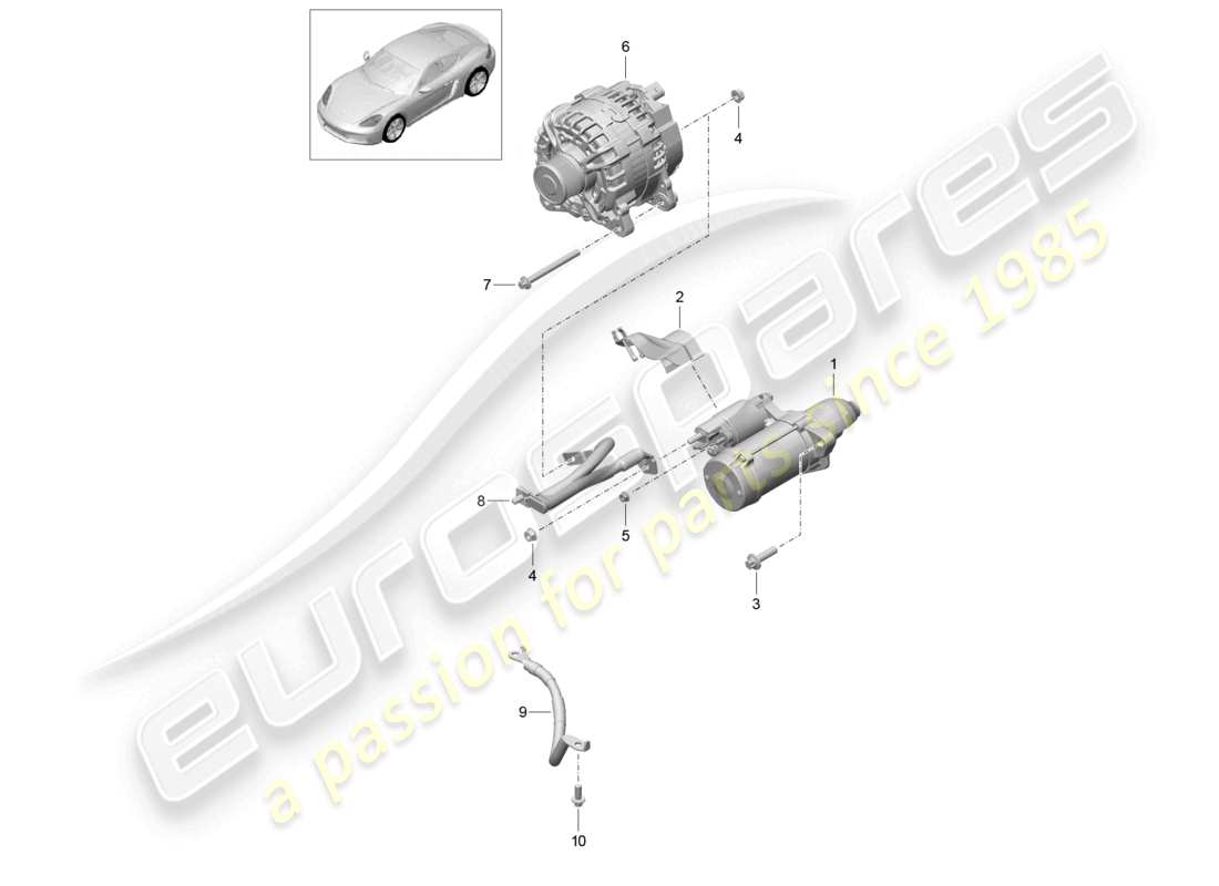 porsche 2023 (718 cayman) diagrama de piezas de la línea de tierra del alternador de arranque