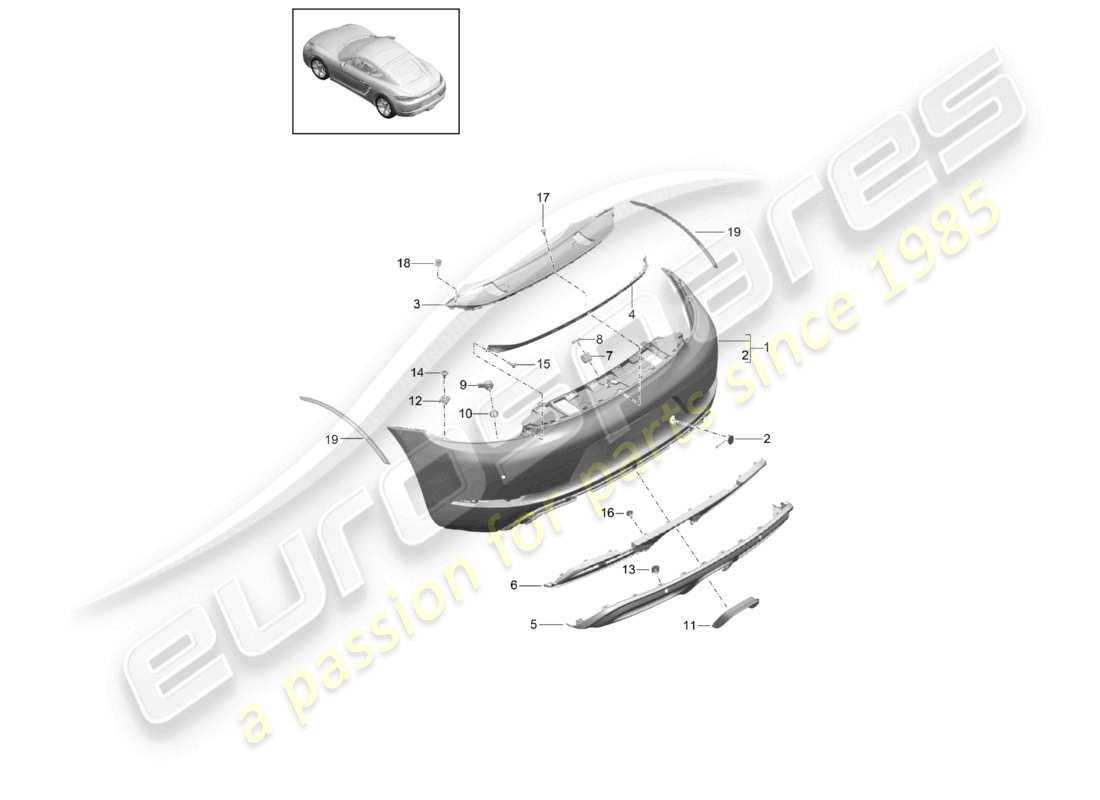 porsche 2022 (718 cayman) diagrama de piezas del paquete sport design del parachoques trasero