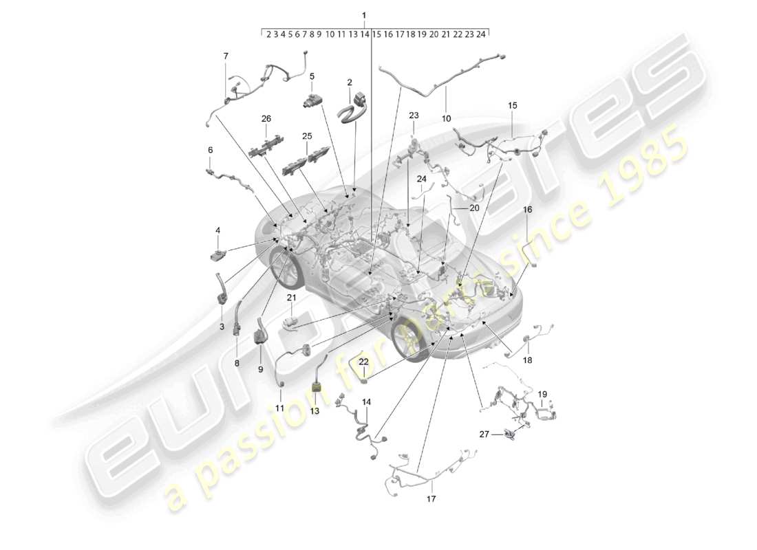 porsche 2021 (718 cayman) mazos de cables cableado del habitáculo y sección parcial diagrama de piezas