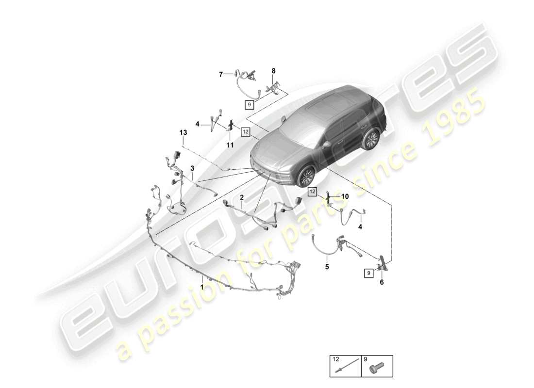 porsche 2023 (cayenne e3 9ya/9yb) diagrama de piezas del parachoques del cableado