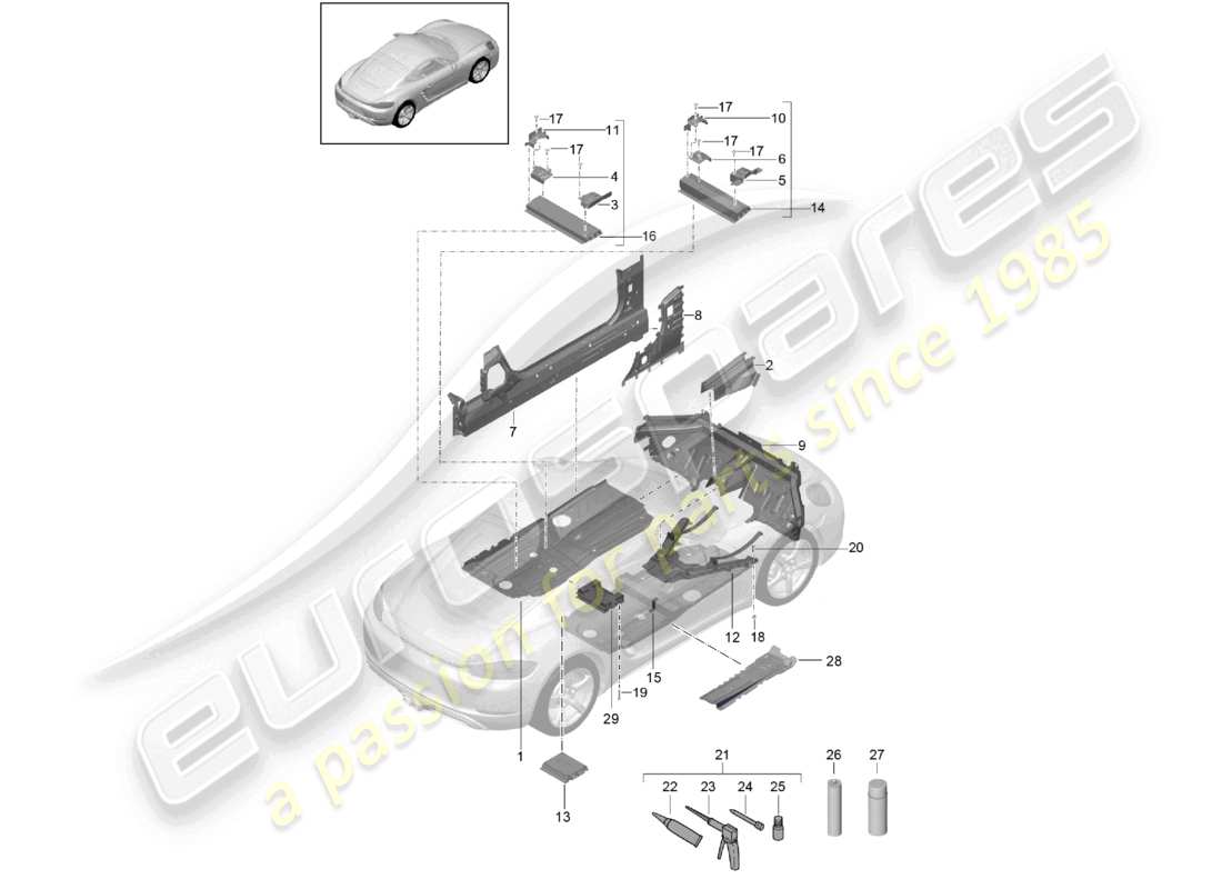 porsche 2023 (718 cayman) diagrama de piezas del centro de las placas del piso