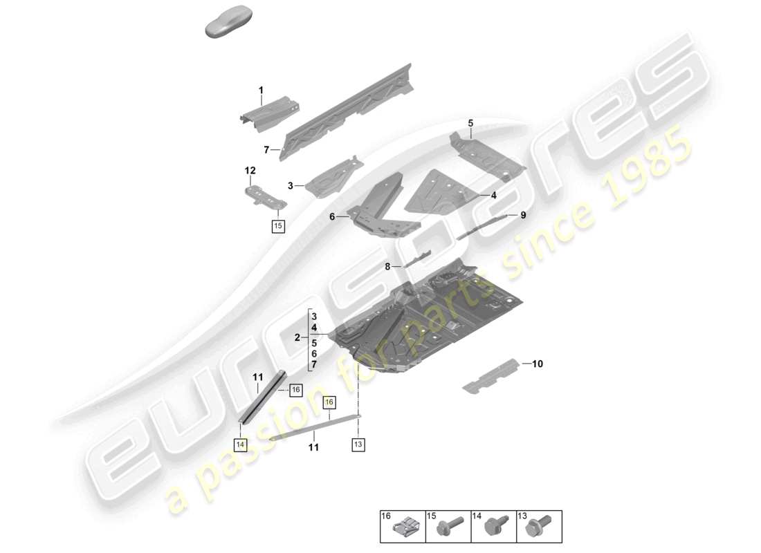 porsche 2025 (992-2 gt3) diagrama de piezas del túnel de placa inferior