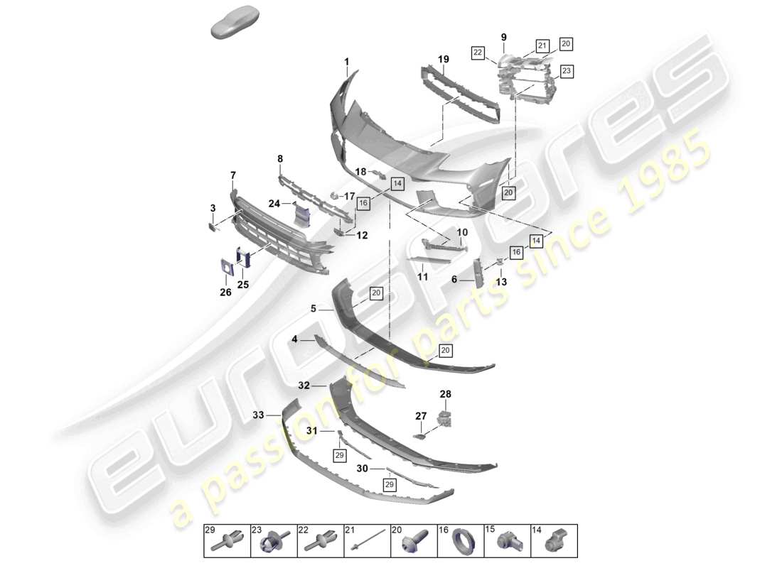 porsche 2025 (panamera 976) diagrama de piezas de la cubierta del parachoques delantero