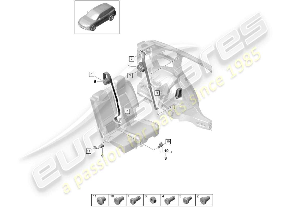 porsche 2024 (cayenne e3 9ya/9yb) diagrama de piezas del cierre del cinturón trasero del cinturón de seguridad de tres puntos