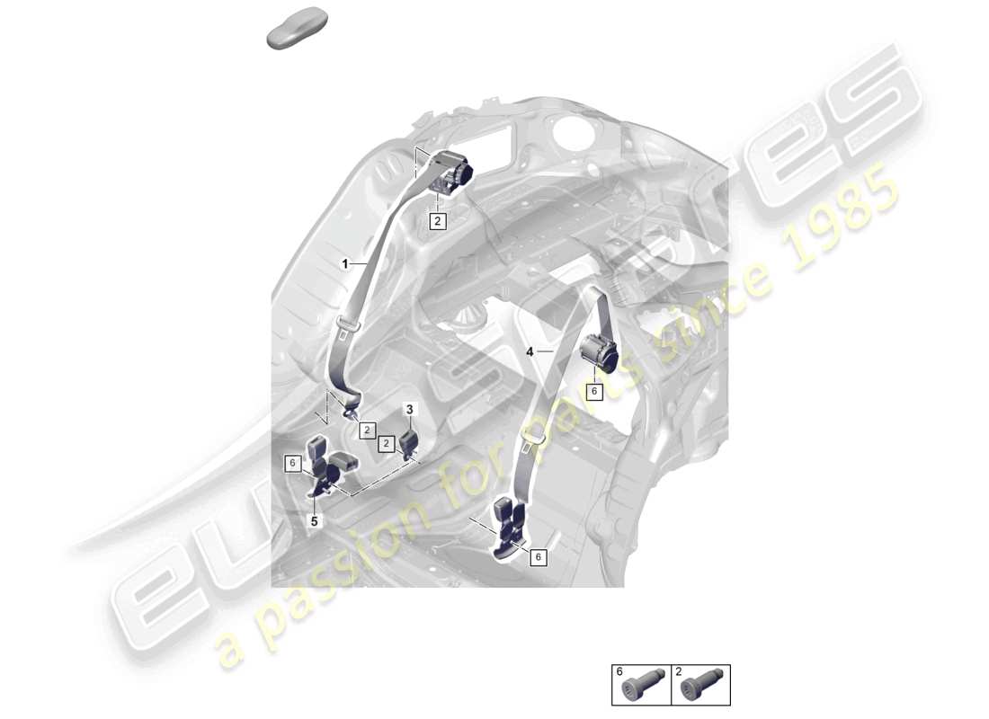 porsche 2026 (panamera 976) diagrama de piezas del cinturón de seguridad con tensor de cinturón trasero