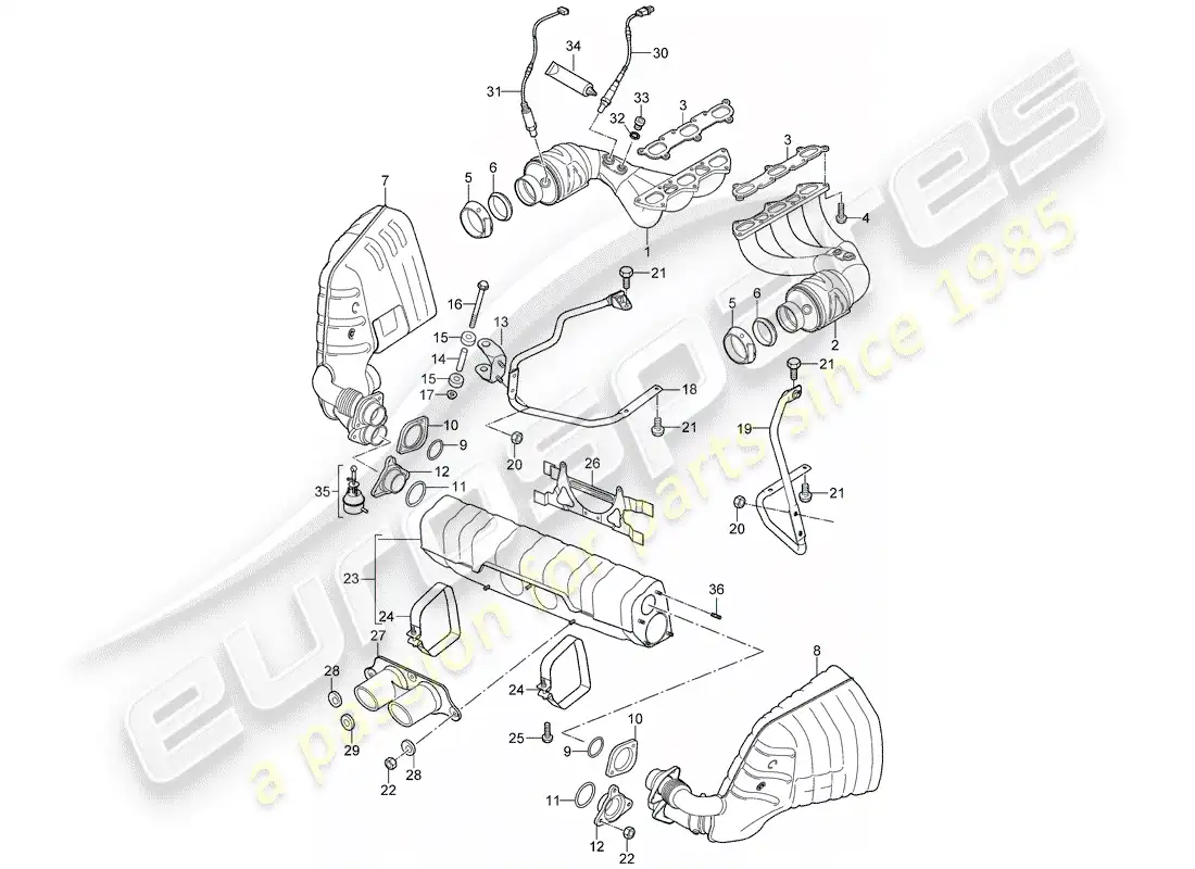 porsche 2010 (997-2 gt3) sistema de escape diagrama de piezas