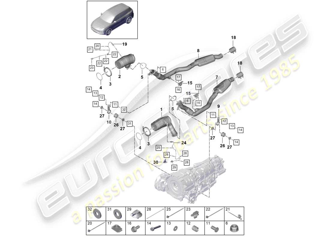 porsche 2023 (cayenne e3 9ya/9yb) sistema de escape convertidor catalítico sonda lambda diagrama de piezas