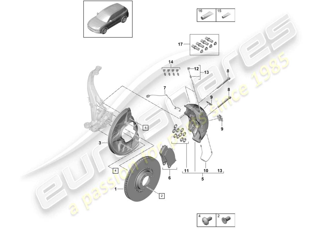 porsche 2024 (cayenne e3 9ya/9yb) freno de disco 20 diagrama de piezas del eje delantero