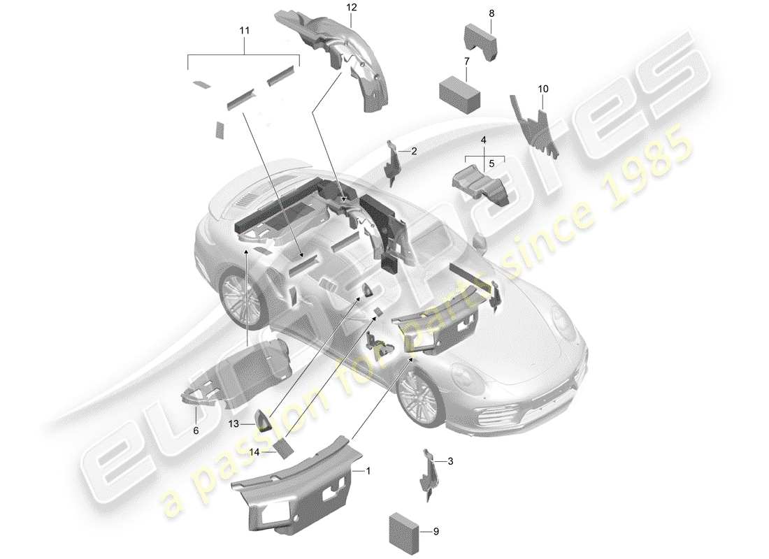 porsche 991 turbo (2018) diagrama de piezas de la carcasa del cuerpo
