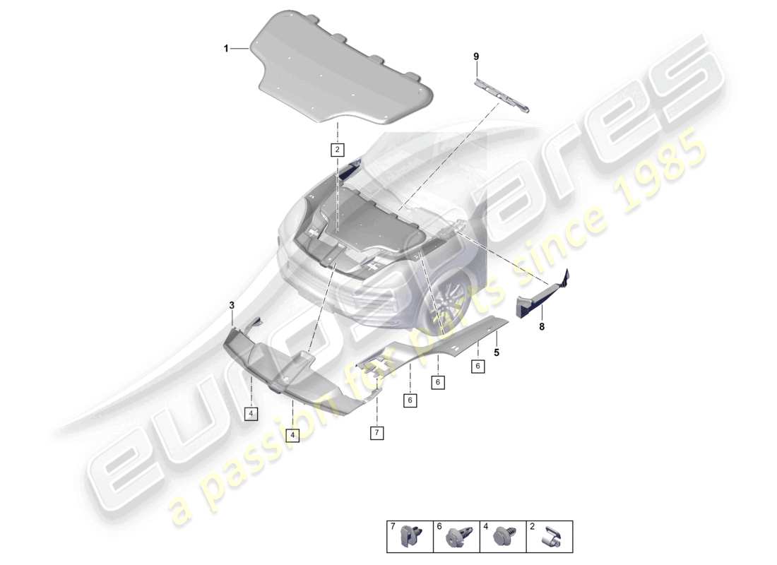 porsche 2021 (cayenne e3 9ya/9yb) absorbedor de sonido compartimiento del motor extremo delantero panel de cubierta diagrama de piezas
