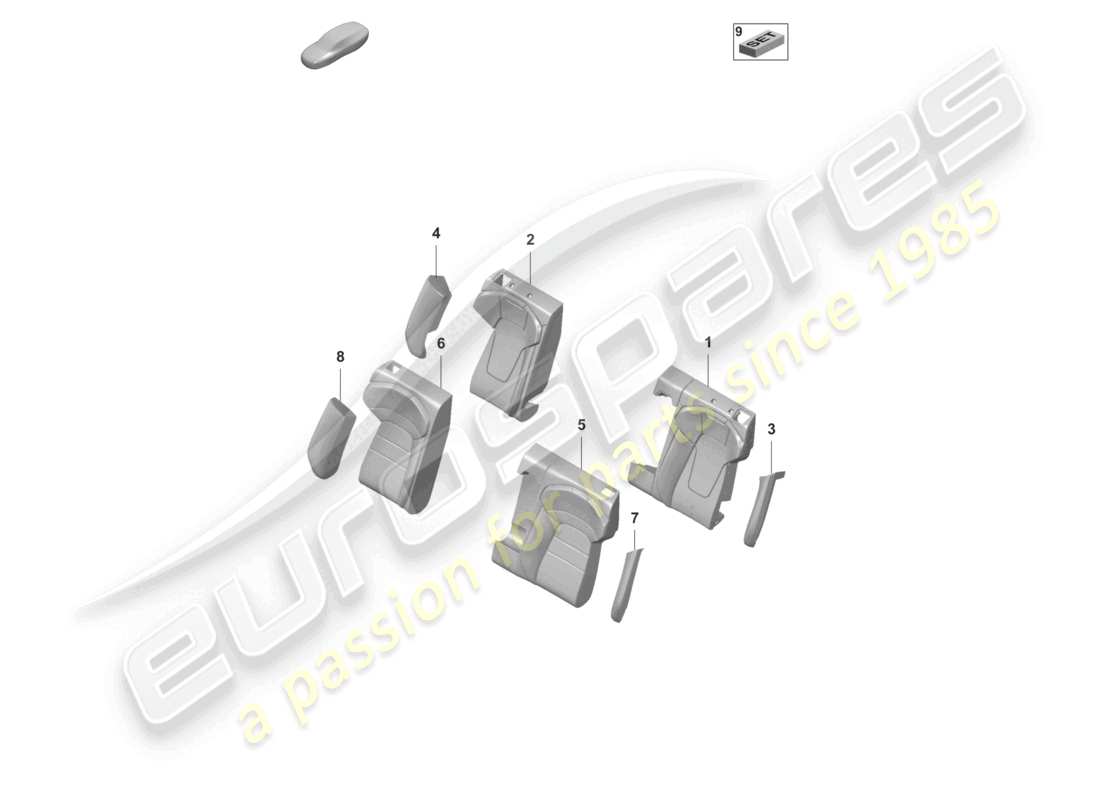 porsche 2021 (taycan 9j1-1) sección de espuma para el lado de apoyo del asiento funda de respaldo asiento estándar asiento confort para modelos con ventilación del asiento diagrama de piezas