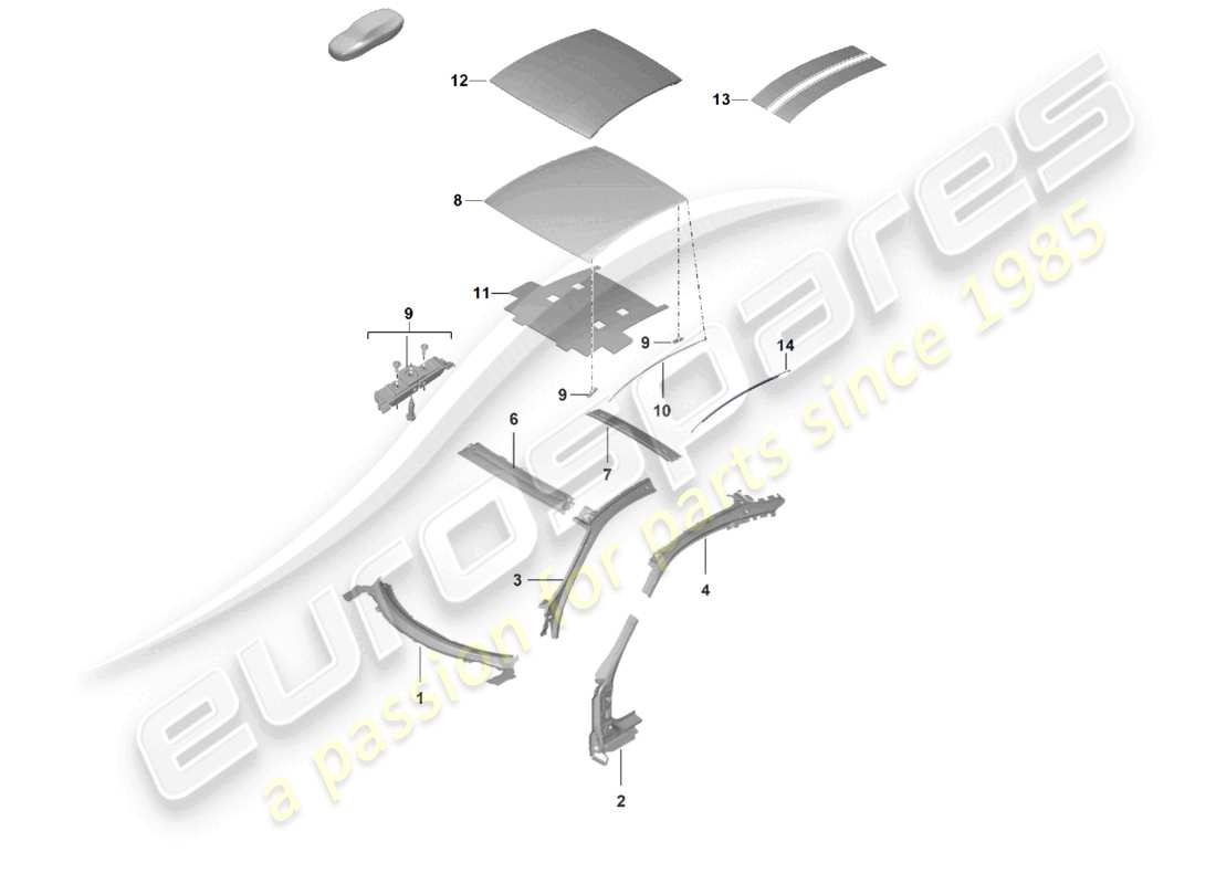 porsche 2024 (992-2 turbo / s) diagrama de piezas del pilar a del techo del coupé