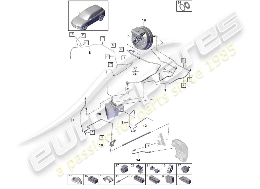 porsche 2021 (cayenne e3 9ya/9yb) diagrama de piezas de la línea de freno del extremo delantero del phev