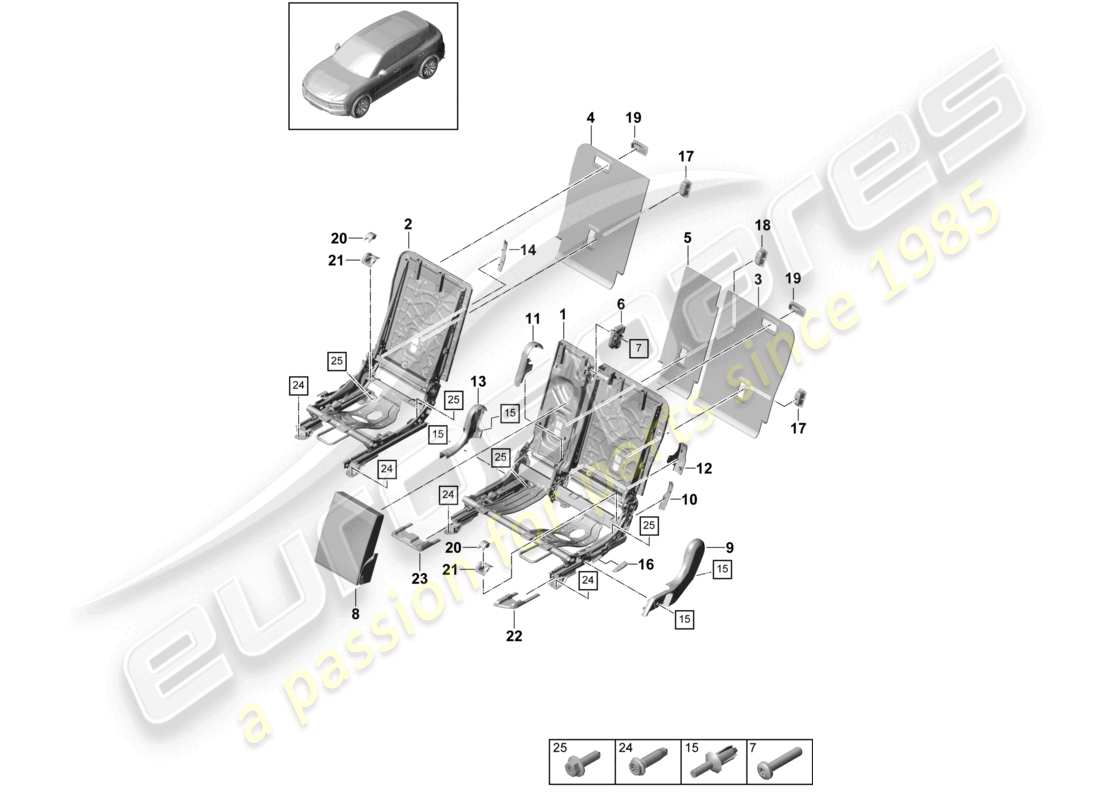 porsche 2023 (cayenne e3 9ya/9yb) diagrama de piezas del asiento deportivo del respaldo del asiento trasero accesorios de moldura