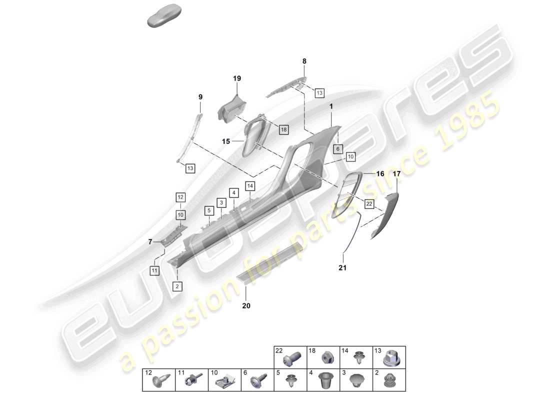porsche 2021 (718 cayman gt4) diagrama de piezas del compartimento del motor de la moldura del miembro lateral y guía de aire