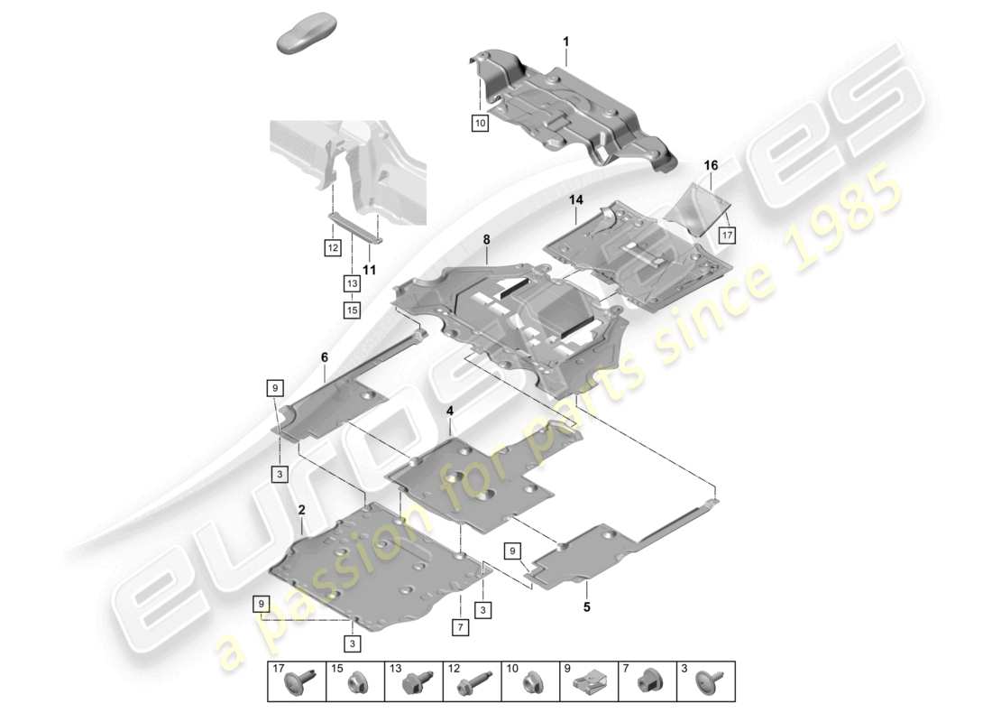 porsche 2021 (718 cayman gt4) diagrama de piezas del difusor trasero de la moldura de bajos