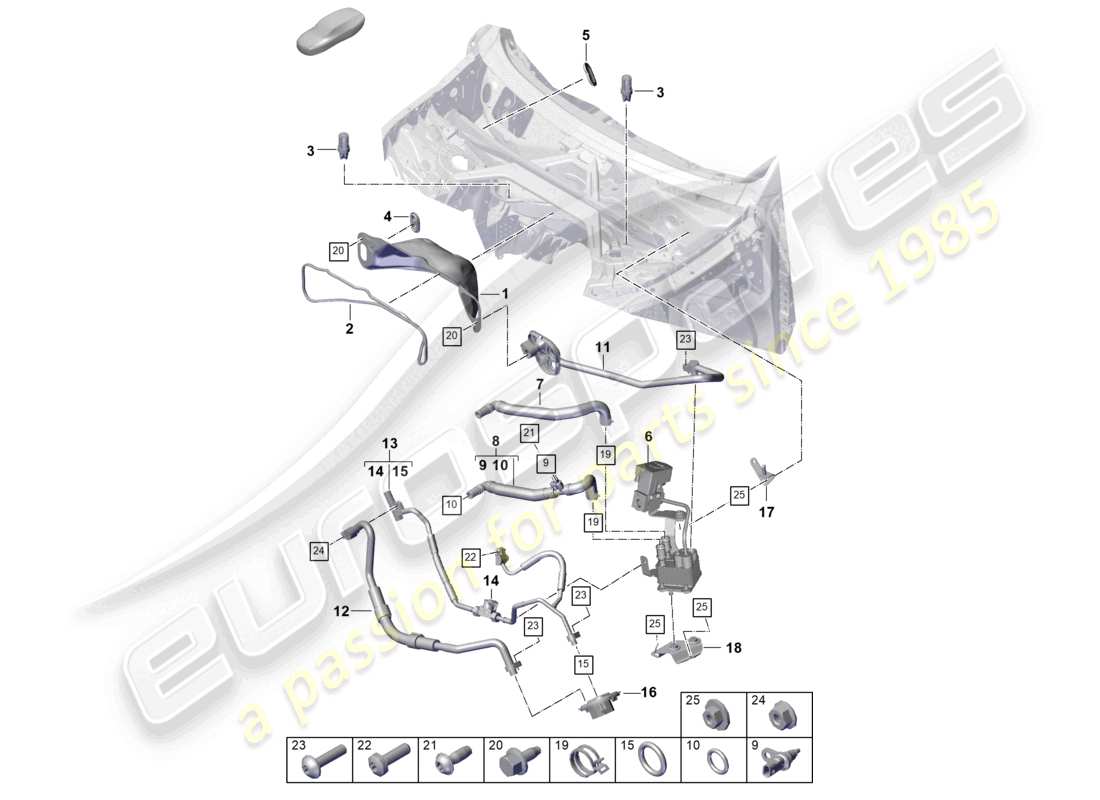 porsche 2025 (cayenne e3 pa) diagrama de piezas del sistema de calefacción y aire acondicionado, caja de agua del lado izquierdo para vehículos con propulsión híbrida