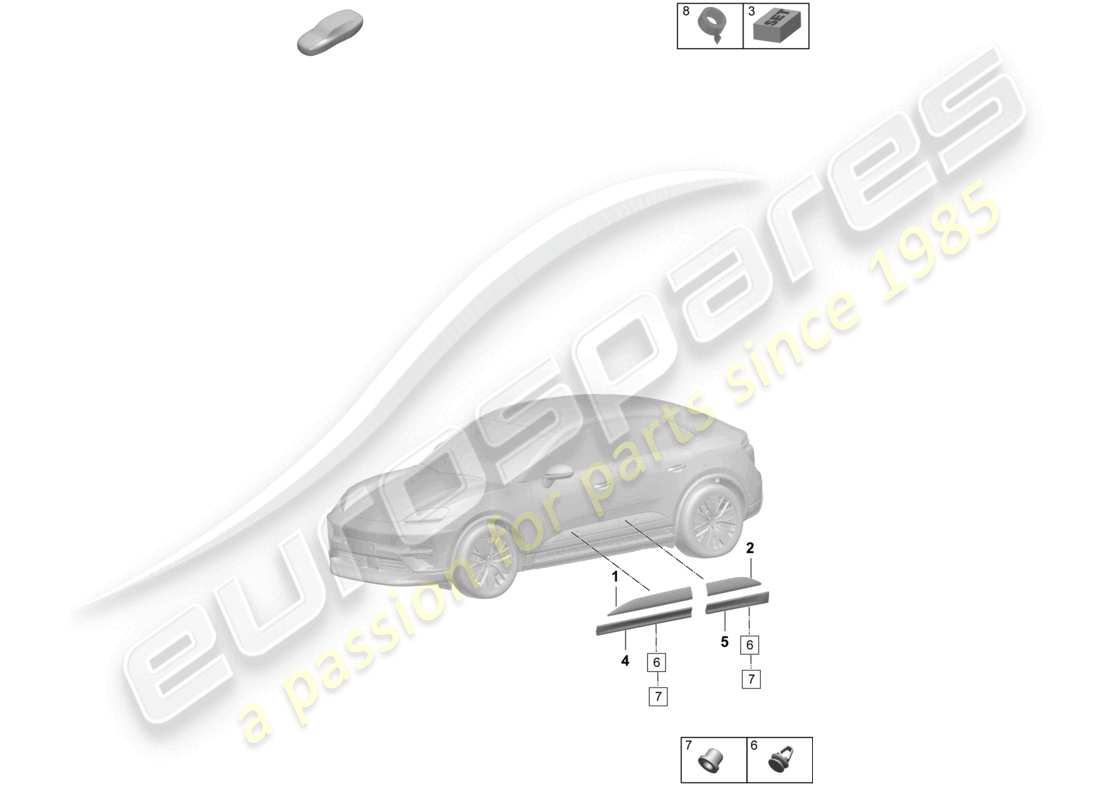 porsche 2025 (macan-e) diagrama de piezas de accesorios para molduras de puertas delanteras y traseras
