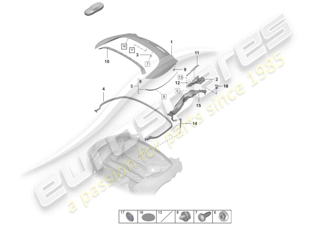 porsche 2022 (992-1) diagrama de piezas de la tapa de la caja de almacenaje superior cabrio