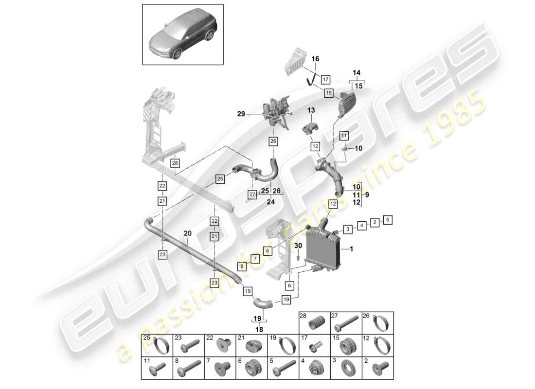 porsche 2021 (cayenne e3 9ya/9yb) diagrama de piezas de la manguera de presión del enfriador de aire de carga