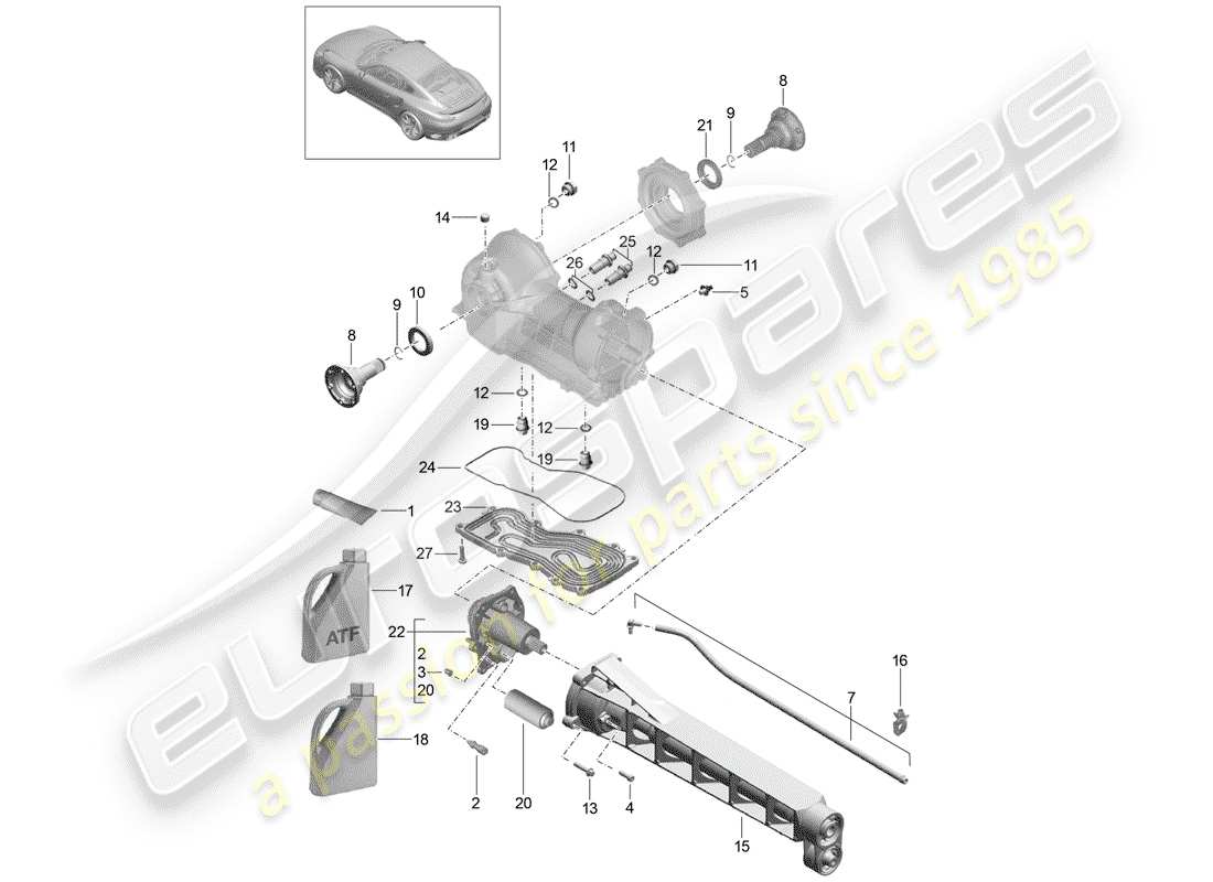 porsche 991 turbo (2018) diagrama de piezas del diferencial del eje delantero