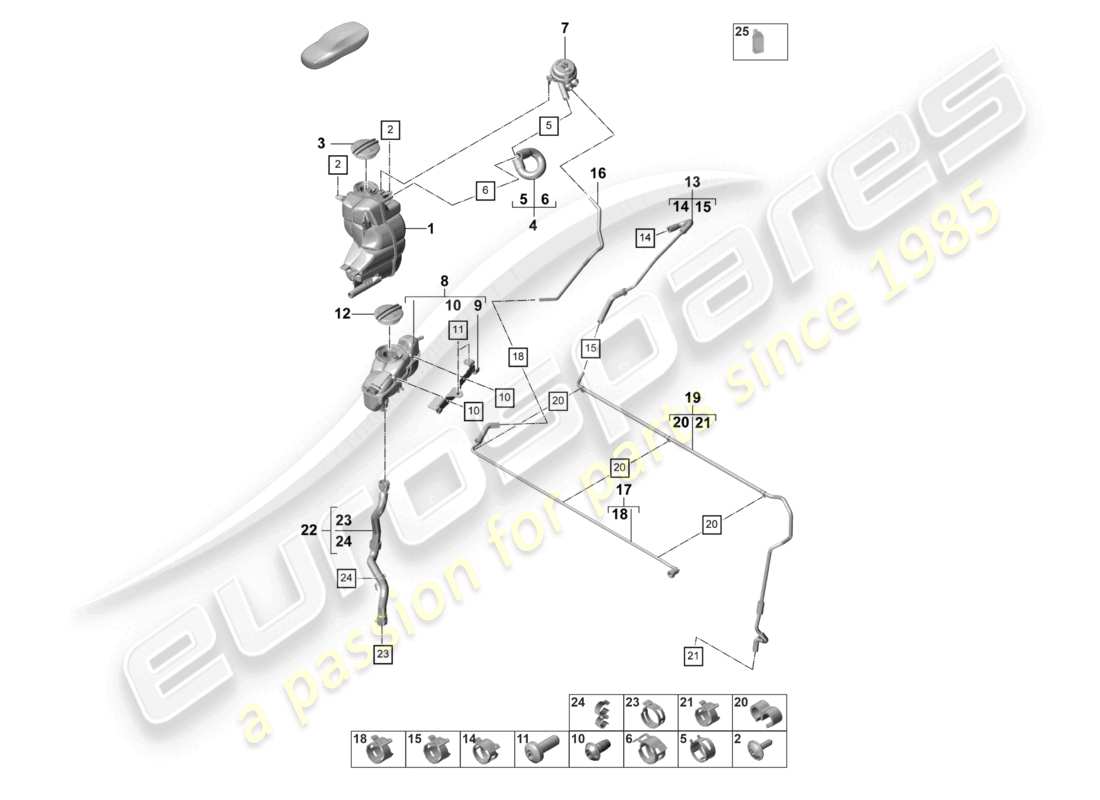 porsche 2022 (panamera 971-2) sistema de enfriamiento de refrigerante tanque de expansión de refrigerante línea de ventilación para vehículos con propulsión híbrida diagrama de piezas