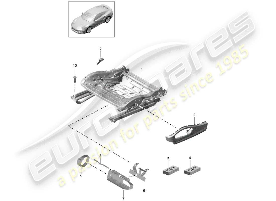 porsche 991 turbo (2018) diagrama de piezas del marco del asiento