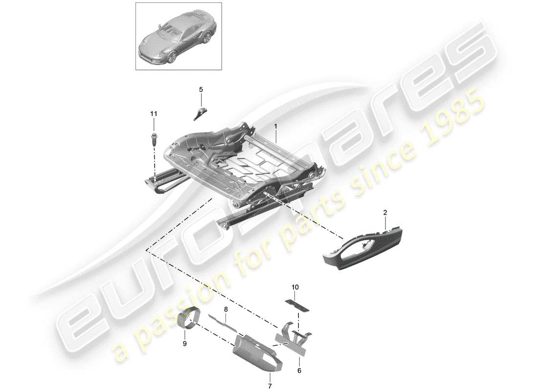 porsche 991 turbo (2018) diagrama de piezas del marco del asiento