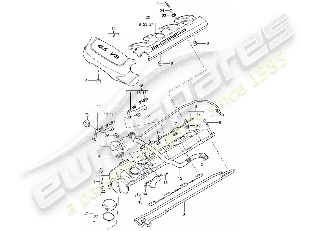 porsche 2005 (cayenne e1 9pa) valve cover diagrama de piezas