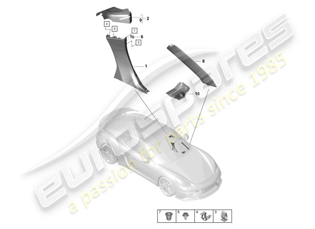porsche 2021 (718 cayman gt4) molduras del pilar a del pilar b diagrama de piezas de la cubierta del alféizar