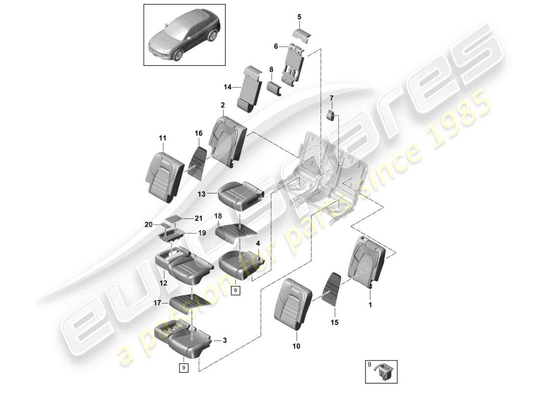 porsche 2023 (cayenne e3 9ya/9yb) asiento trasero deportivo parte de espuma fundas de respaldo fundas de asiento diagrama de piezas
