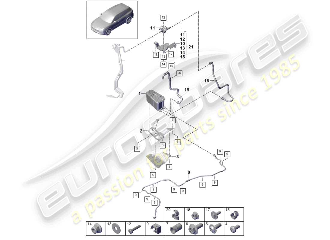 porsche 2021 (cayenne e3 9ya/9yb) diagrama de piezas del recipiente de carbón activado