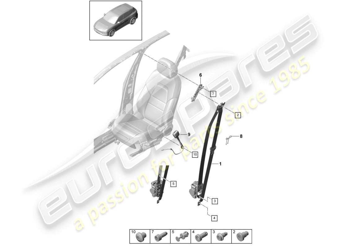 porsche 2021 (cayenne e3 9ya/9yb) diagrama de piezas del cierre del cinturón de seguridad delantero de tres puntos