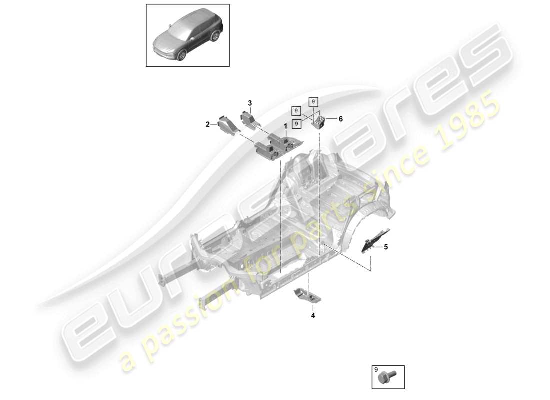 porsche 2021 (cayenne e3 9ya/9yb) diagrama de piezas del soporte del asiento central de las placas del piso