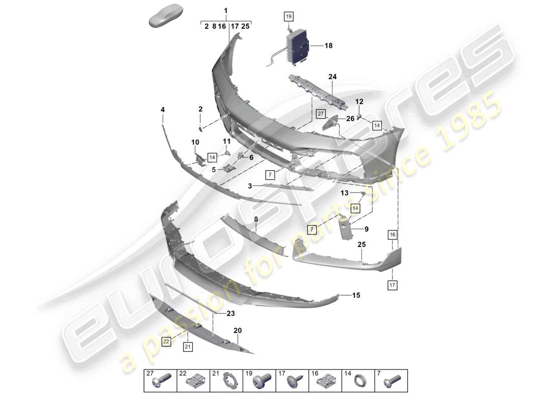porsche 2021 (992-1 turbo / s) diagrama de piezas del paquete sport design del parachoques delantero