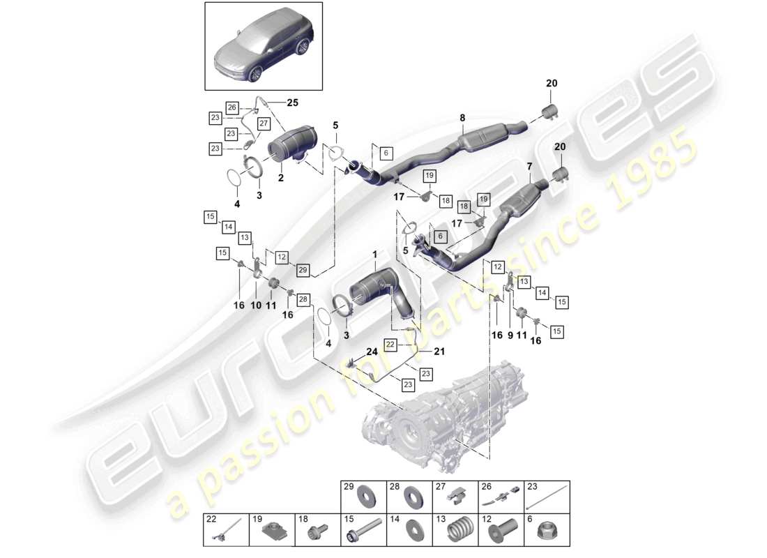 porsche 2021 (cayenne e3 9ya/9yb) sistema de escape convertidor catalítico filtro de partículas de gasolina sonda lambda diagrama de piezas