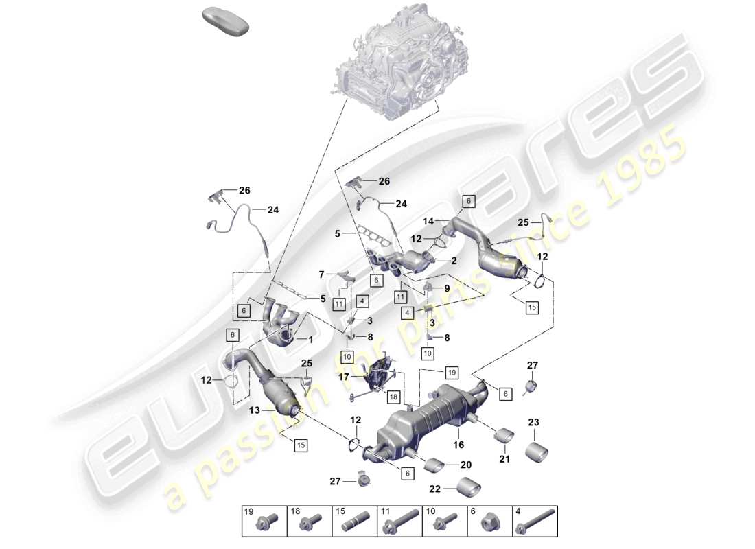 porsche 2021 (718 cayman gt4) sistema de escape diagrama de piezas