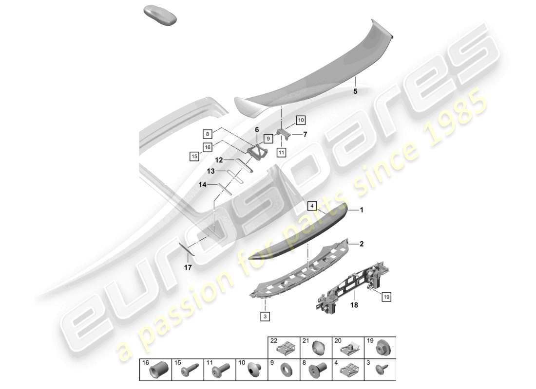 porsche 2021 (718 cayman gt4) alerón trasero diagrama de piezas