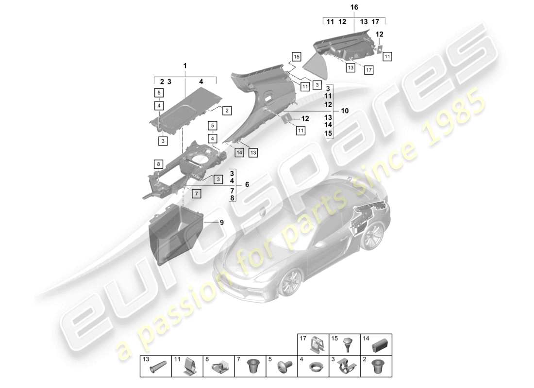 porsche 2021 (718 cayman gt4) diagrama de piezas del compartimento del motor trasero de los adornos laterales