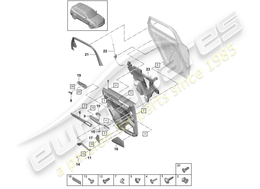 porsche 2021 (cayenne e3 9ya/9yb) diagrama de piezas de cuero del panel de la puerta trasera