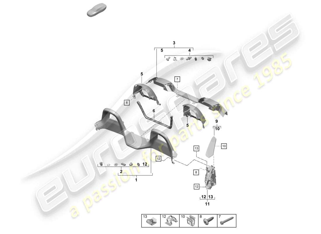 porsche 2021 (718 boxster spyder) diagrama de piezas de la barra antivuelco de los adornos